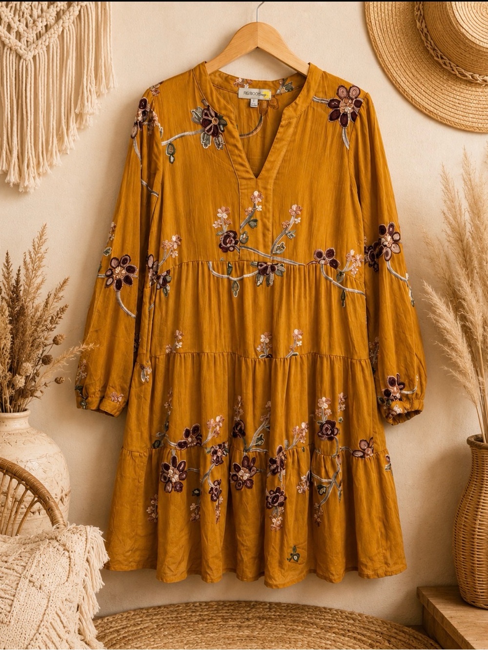 Floral Embroidered Mustard Tiered Long-Sleeve Dress size large